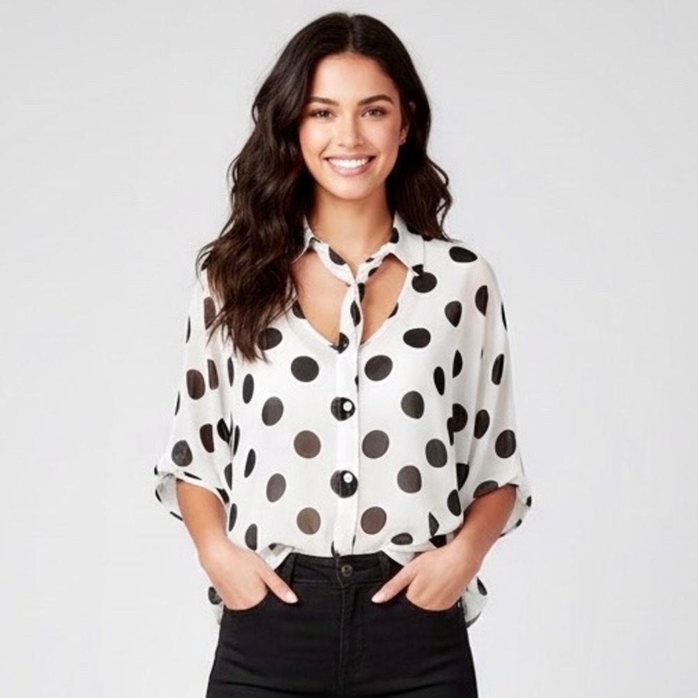 Nasty Gal Polka Dot Sheer Button Up Blouse Dolman Sleeve Cutout Back Women Small